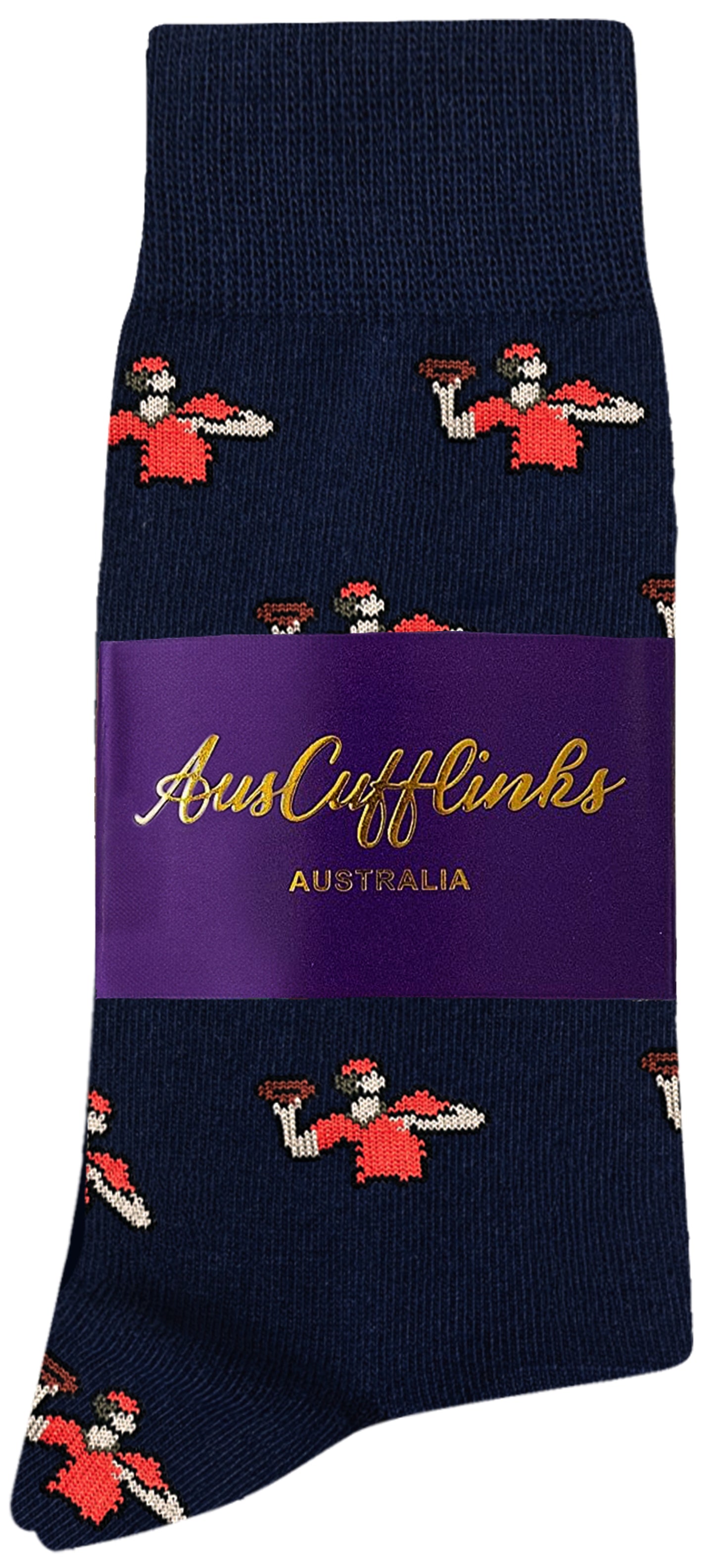Capybara Socks (Copy): Navy blue socks featuring red and white pixelated capybaras, made from cozy fabric and packaged with a purple AusCufflinks Australia label—ideal for animal lovers who value comfort and style.