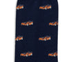 Orange Race Car Socks in navy blue feature a repeating pattern of small orange sports cars—ideal for any motorsport enthusiast.