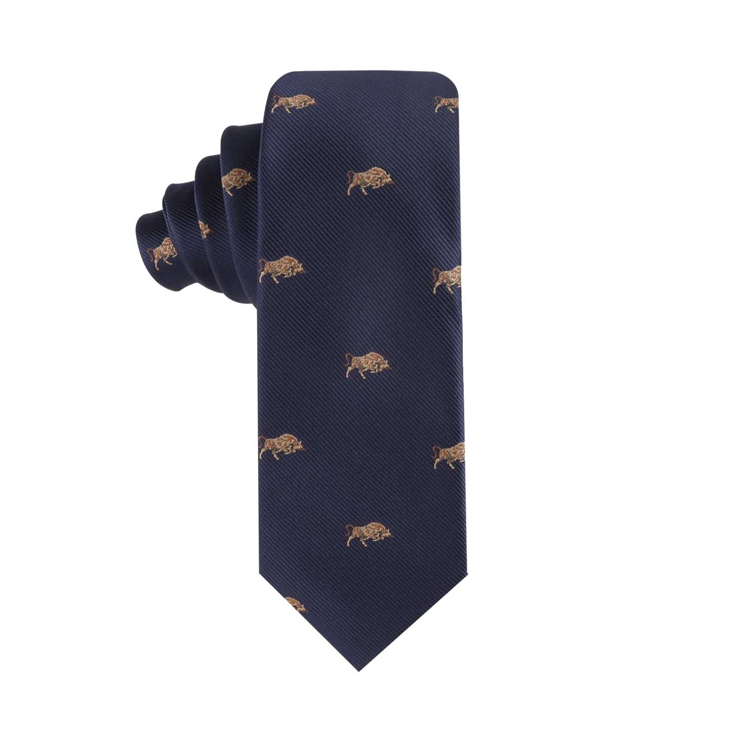 The Raging Bull Thin Tie in dark blue showcases small embroidered lion patterns, emanating a subtle aura of power.