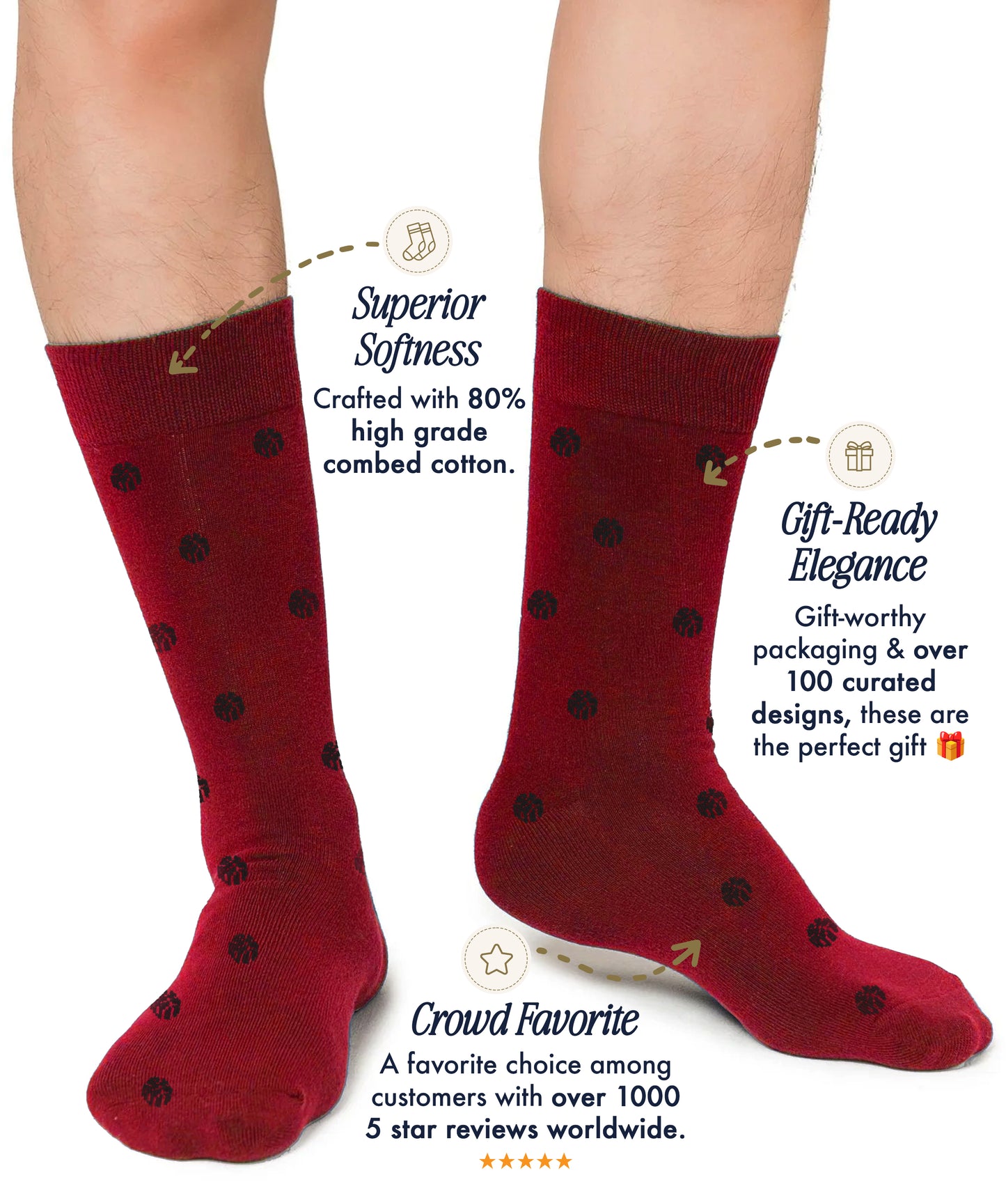 A person is wearing blue basketball socks with small black patterns. The text highlights the socks' cushioned support, gift-worthy design, and popularity among customers.
