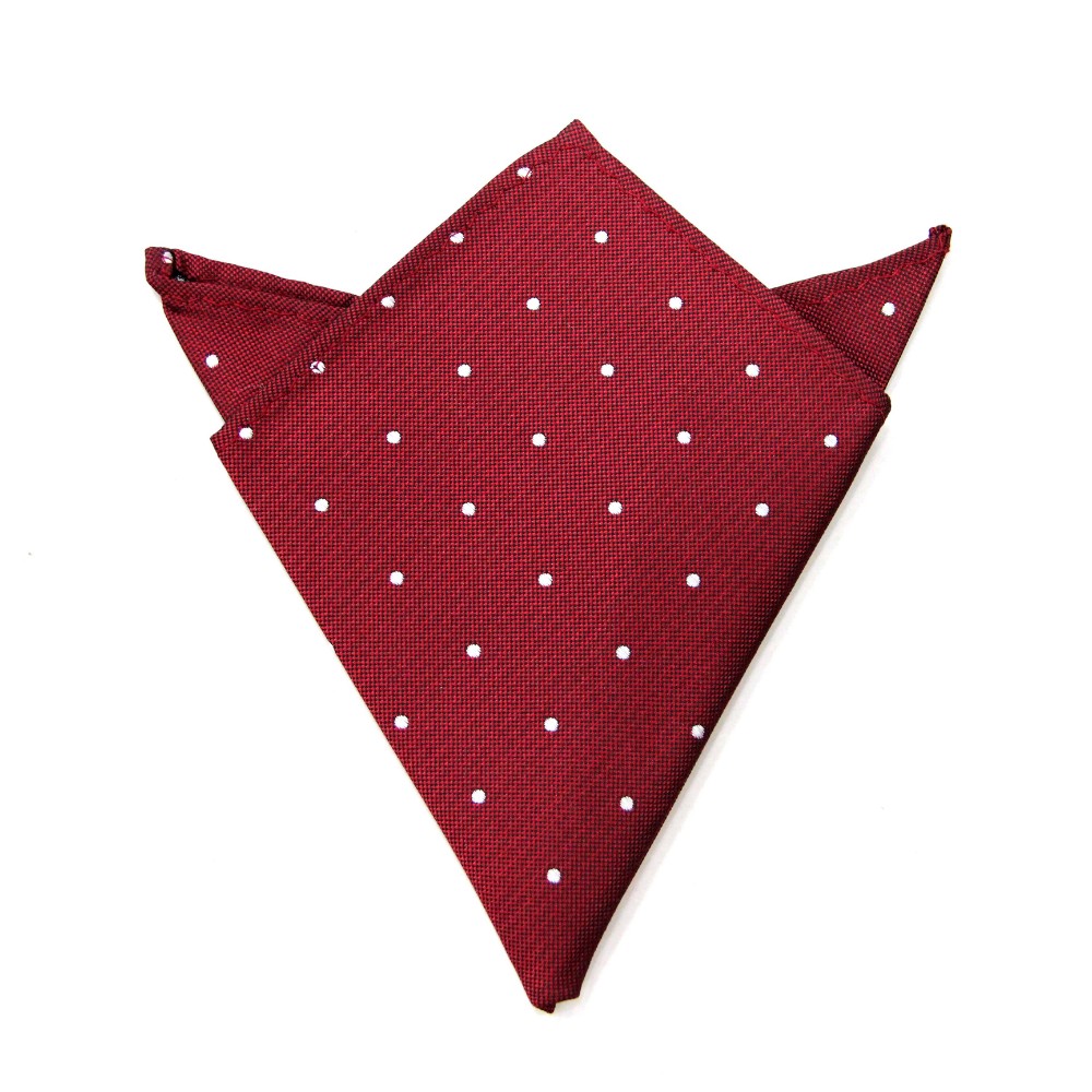 The Red White Polka Dot Business Tie & Pocket Square Set features a folded red pocket square with small white polka dots, making it the perfect addition to any crisp white ensemble.