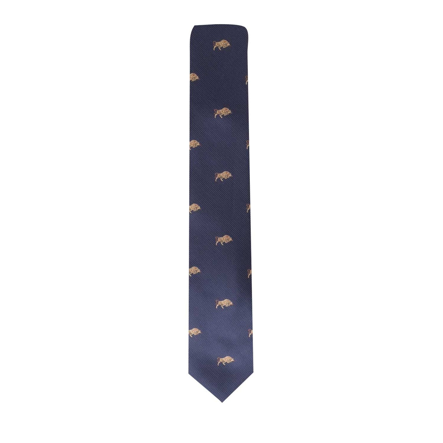 The Rodeo Tie, featuring a navy blue design embellished with a pattern of small embroidered elephants, embodies power and determination.