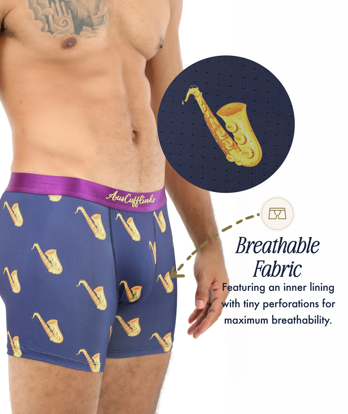 Man wearing Saxophone Underwear in navy with yellow saxophone print; inset reveals perforated, breathable inner lining. Text notes moisture-wicking, breathable fabric. Perfect music-inspired boxers offering comfort and style.