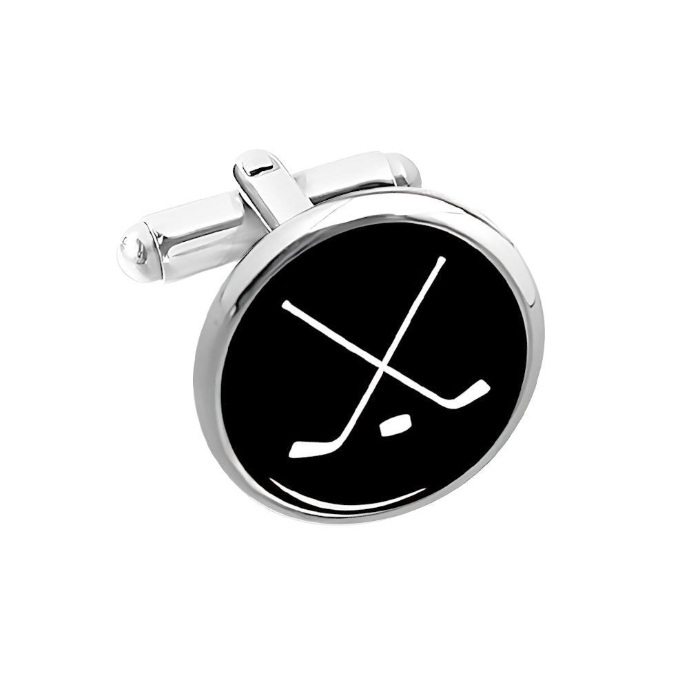 Ice Hockey Cufflinks: Round silver cufflink with a black face featuring two crossed white hockey sticks and a puck—an ideal, timeless gift for any sports fan.