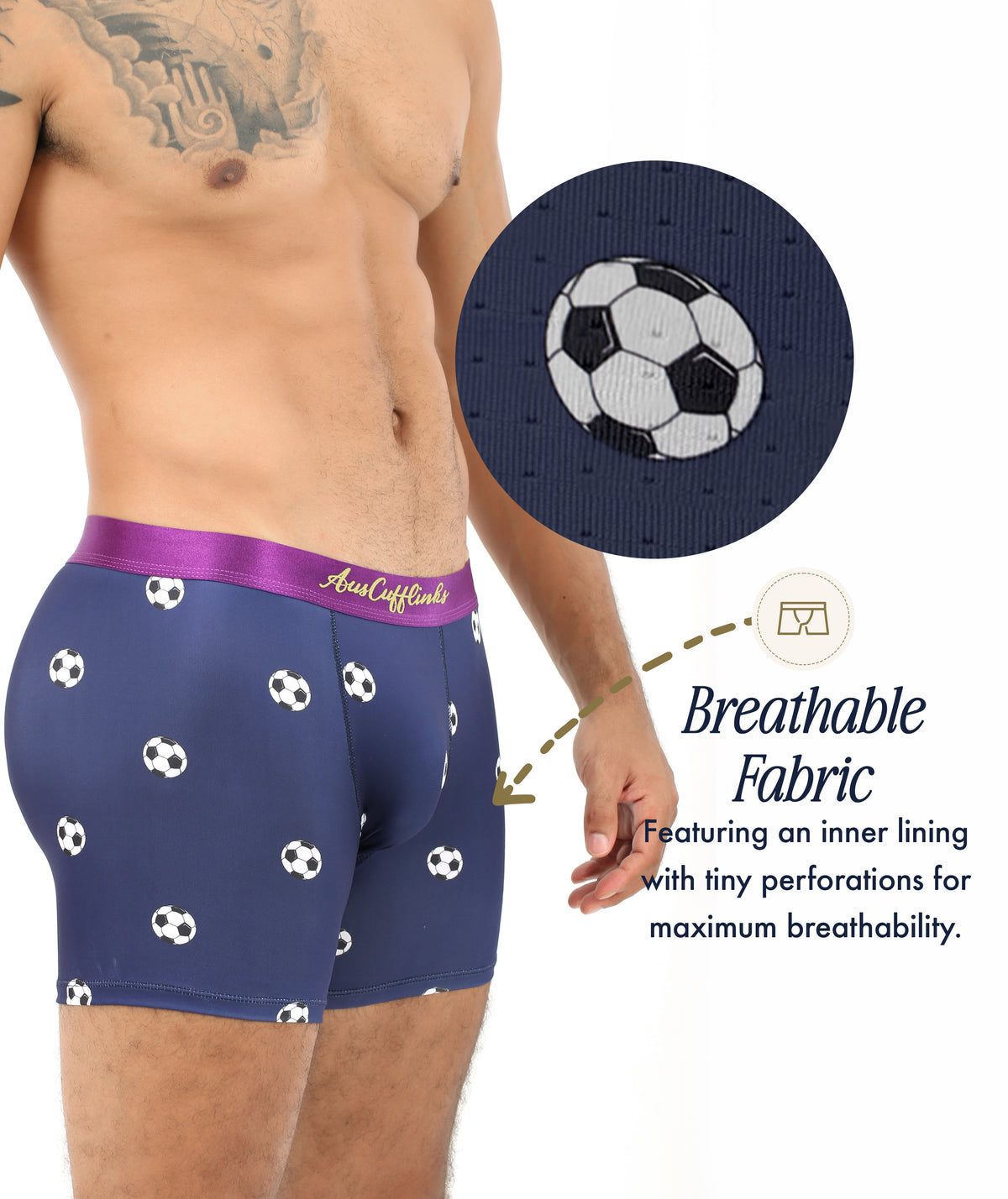 A person wears Soccer Underwear in navy blue with a soccer ball pattern, shown close-up to highlight the fabric's perforations and a text description that emphasizes its breathable, moisture-wicking design.