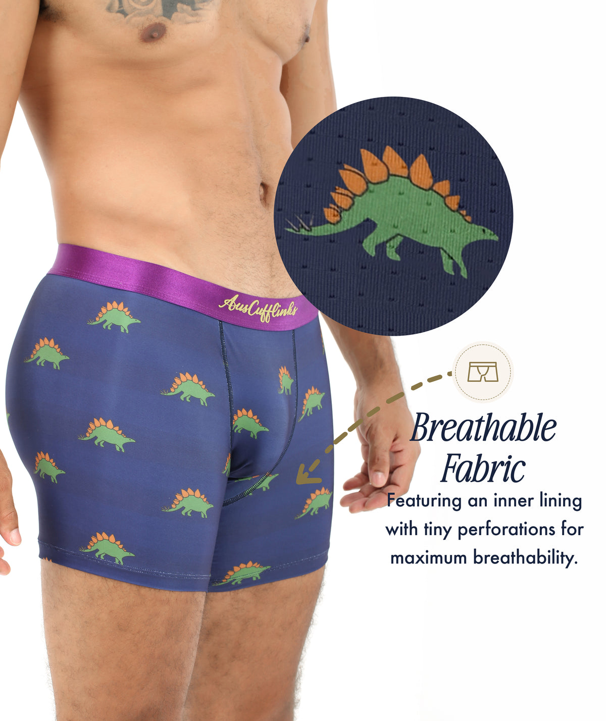 Someone sports Stegosaurus Underwear—navy boxer briefs featuring green dino prints, a purple waistband, and small perforations for breathability, ensuring these novelty boxers are as comfortable as they are fun.