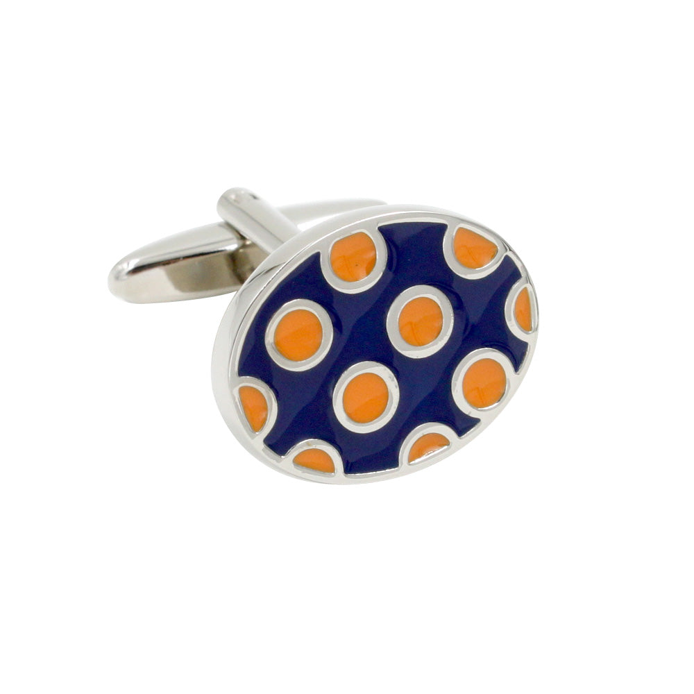 The Ladybug Orange Navy Cufflinks feature a blue background with orange circular patterns set in a silver frame, ideal for the modern gentleman.