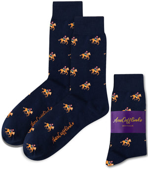 Thoroughbred Horse Racing Socks in navy blue with a horse and jockey pattern, "AusCufflinks Australia" branding, and a purple band—perfect for horse racing fans.