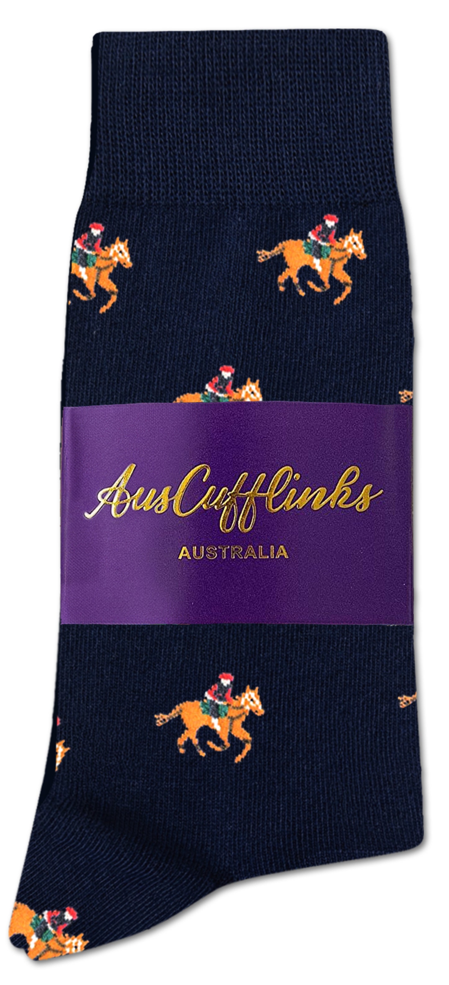 Thoroughbred Horse Racing Socks: navy blue socks with jockeys on horses in Santa hats, packaged with a purple "AusCufflinks Australia" label. The perfect festive gift for equestrian fans looking to add holiday cheer to their look.