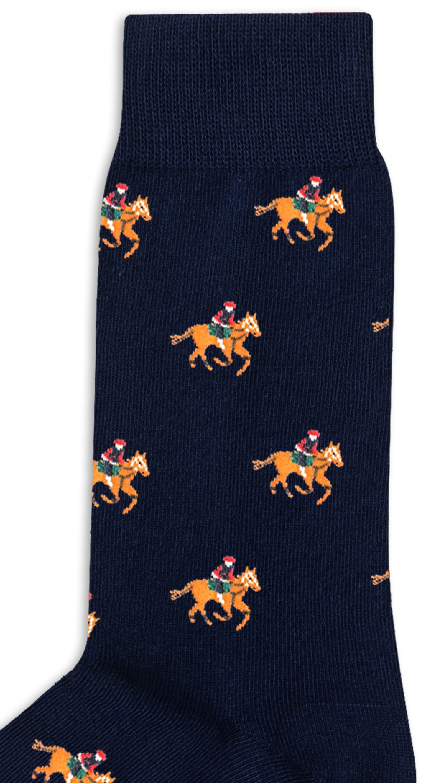 Thoroughbred Horse Racing Socks in navy blue, showcasing a repeating motif of a horse and rider wearing a red hat and green outfit.