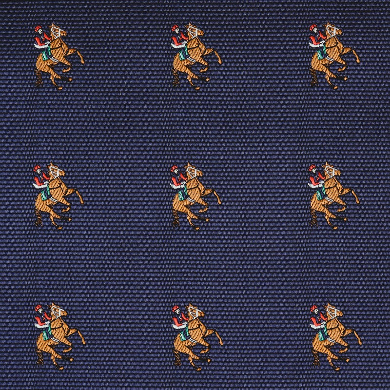 Close-up of dark blue fabric with a repeated pattern of two polo players on horsesâideal for the Thoroughbred Racing Horse Pocket Square or any horse-themed collection.