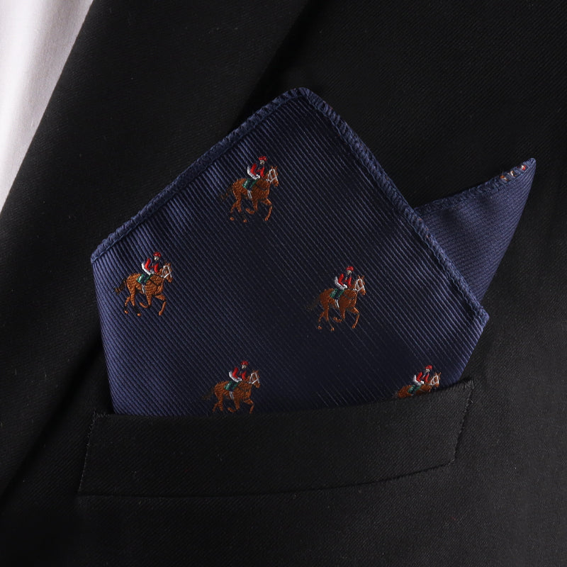 The Thoroughbred Racing Horse Pocket Square, featuring a horse and rider design, is stylishly tucked in a black suit jacketâs pocketâan elegant Melbourne Cup accessory.