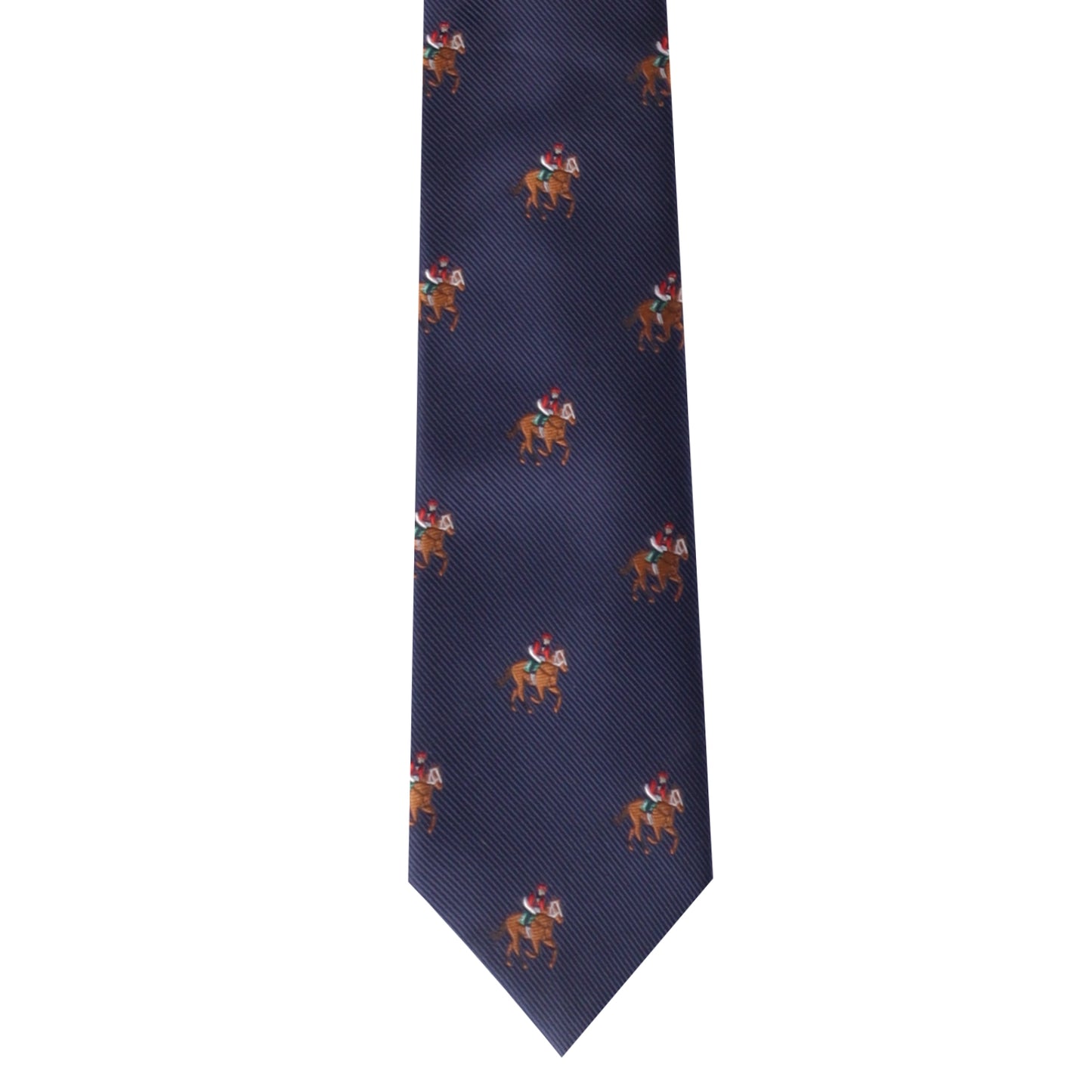A dark blue Thoroughbred Racing Horse Skinny Tie featuring a repeating pattern of jockeys riding racehorses.