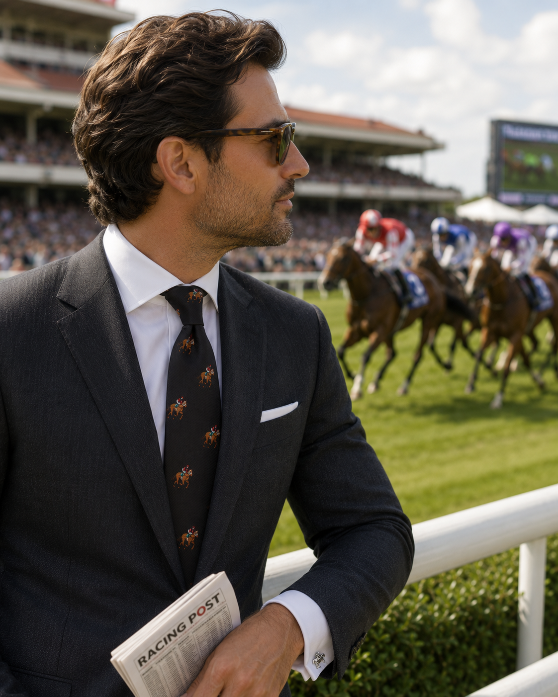 Elegant man dressed for a horse racing occasion wearing a black equestrian tie at the racetrack.