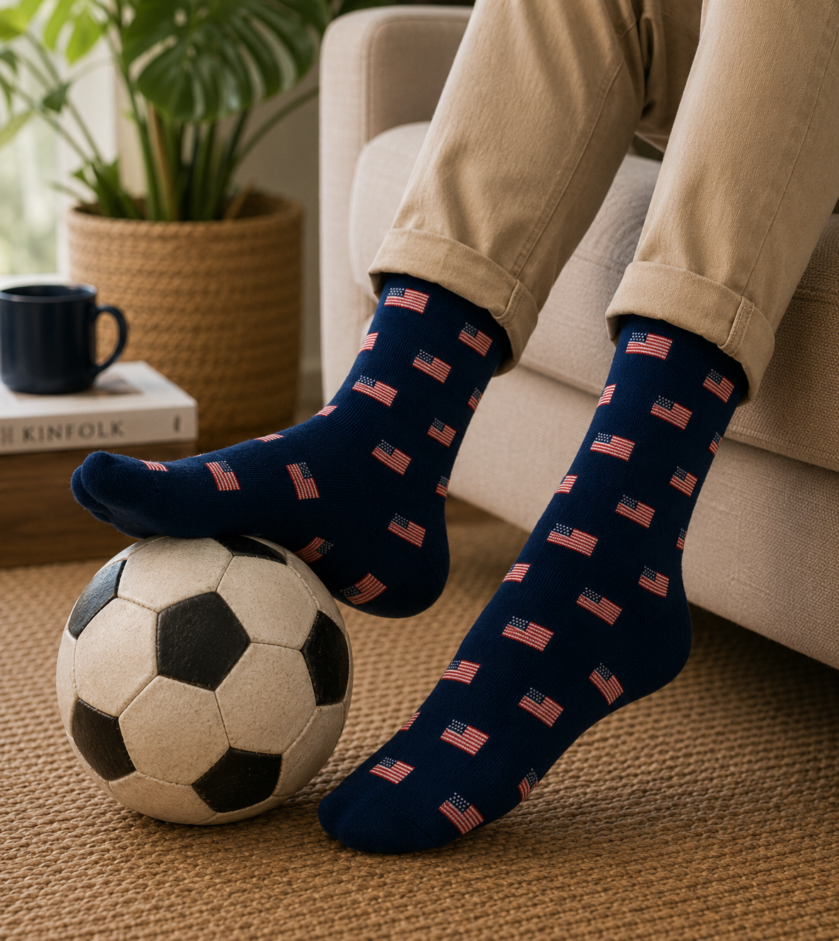 Wearing beige pants and USA Flag Socks, a person rests their feet on a soccer ball in a cozy room decorated with books, a mug, and a woven rug.