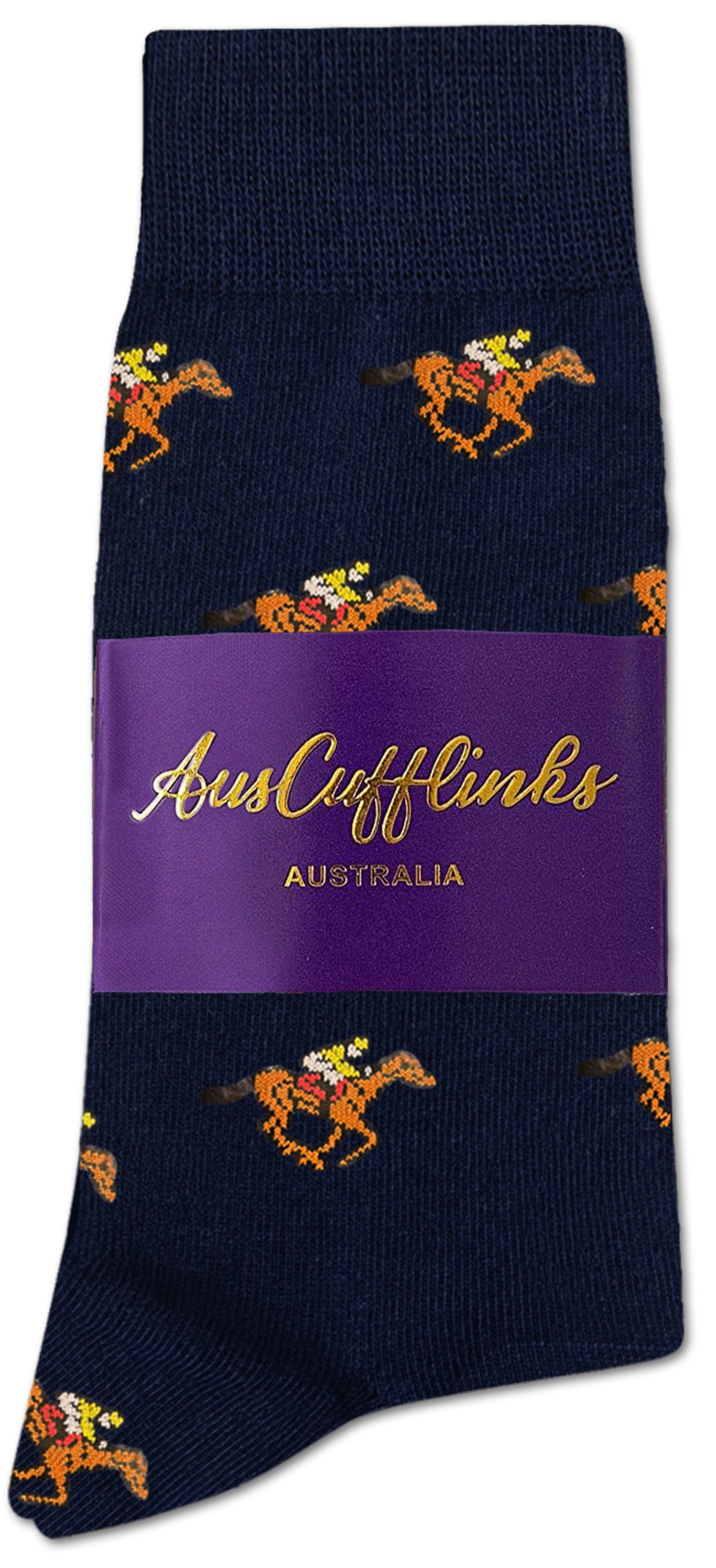 Melbourne Race Horse Socks: Navy blue equestrian socks featuring a jockey-and-horse pattern, packaged with a purple AusCufflinks Australia label—an ideal unique gift for racing fans.