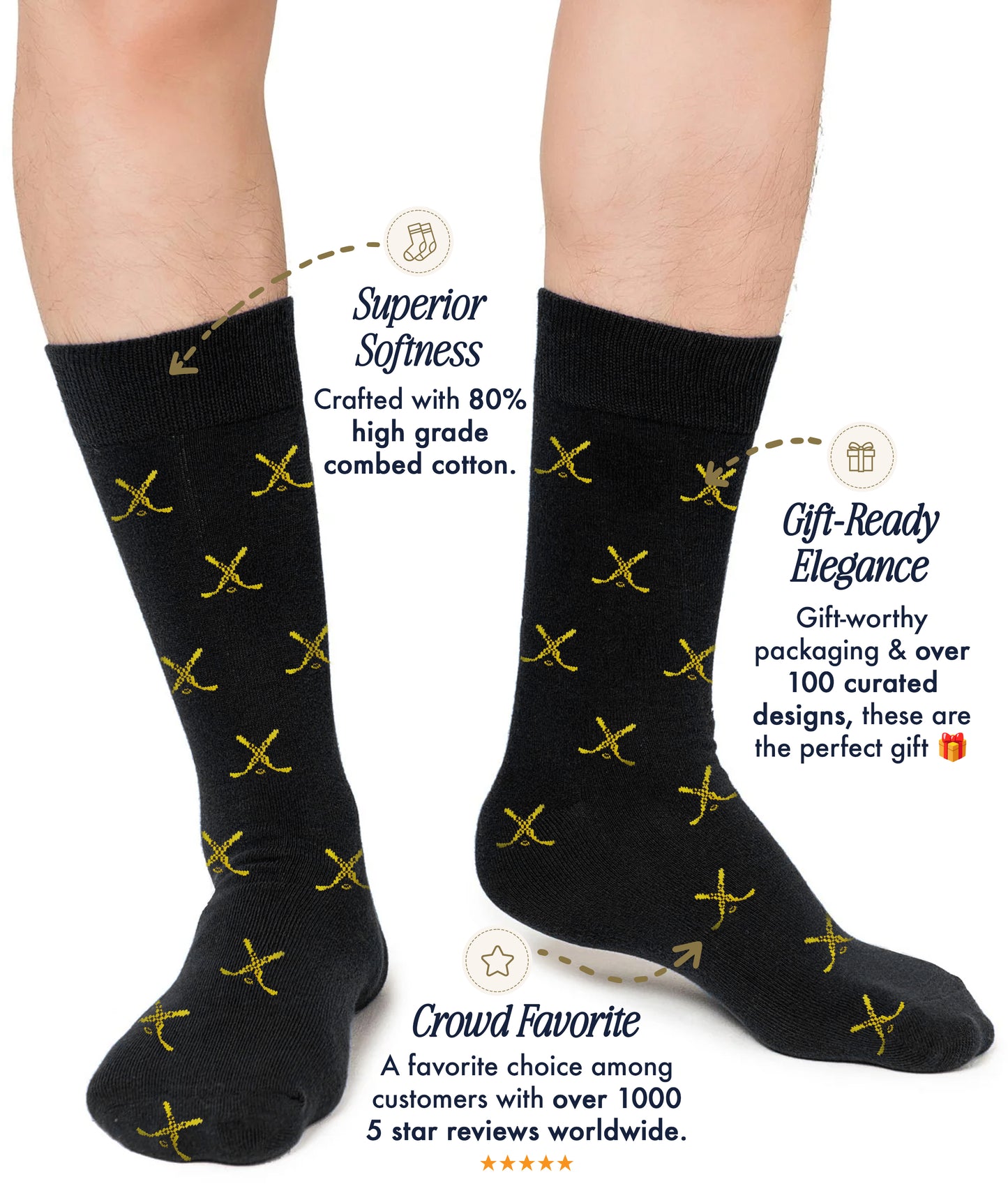 Person wearing Yellow and Navy Ice Hockey Cross Socks—soft, moisture-wicking comfort keeps feet fresh all day. Popular with customers and comes in gift-ready packaging.