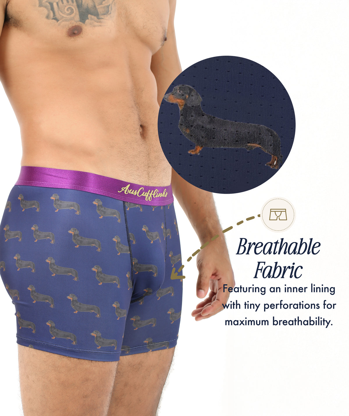 Wearing Sausage Dog Underwear with playful dachshund prints, a close-up shows the perforated, breathable inner lining for comfort—perfect dog lover underwear highlighting its ventilated fabric.