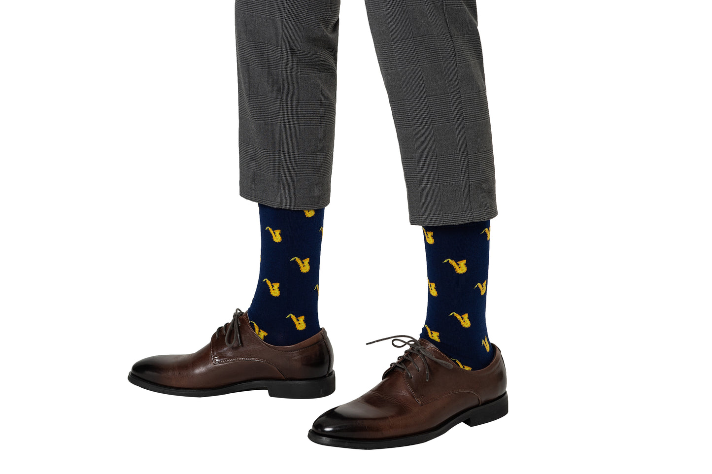 Jazz saxophone socks in navy blue base, perfect for music lovers and performers by AusCufflinks