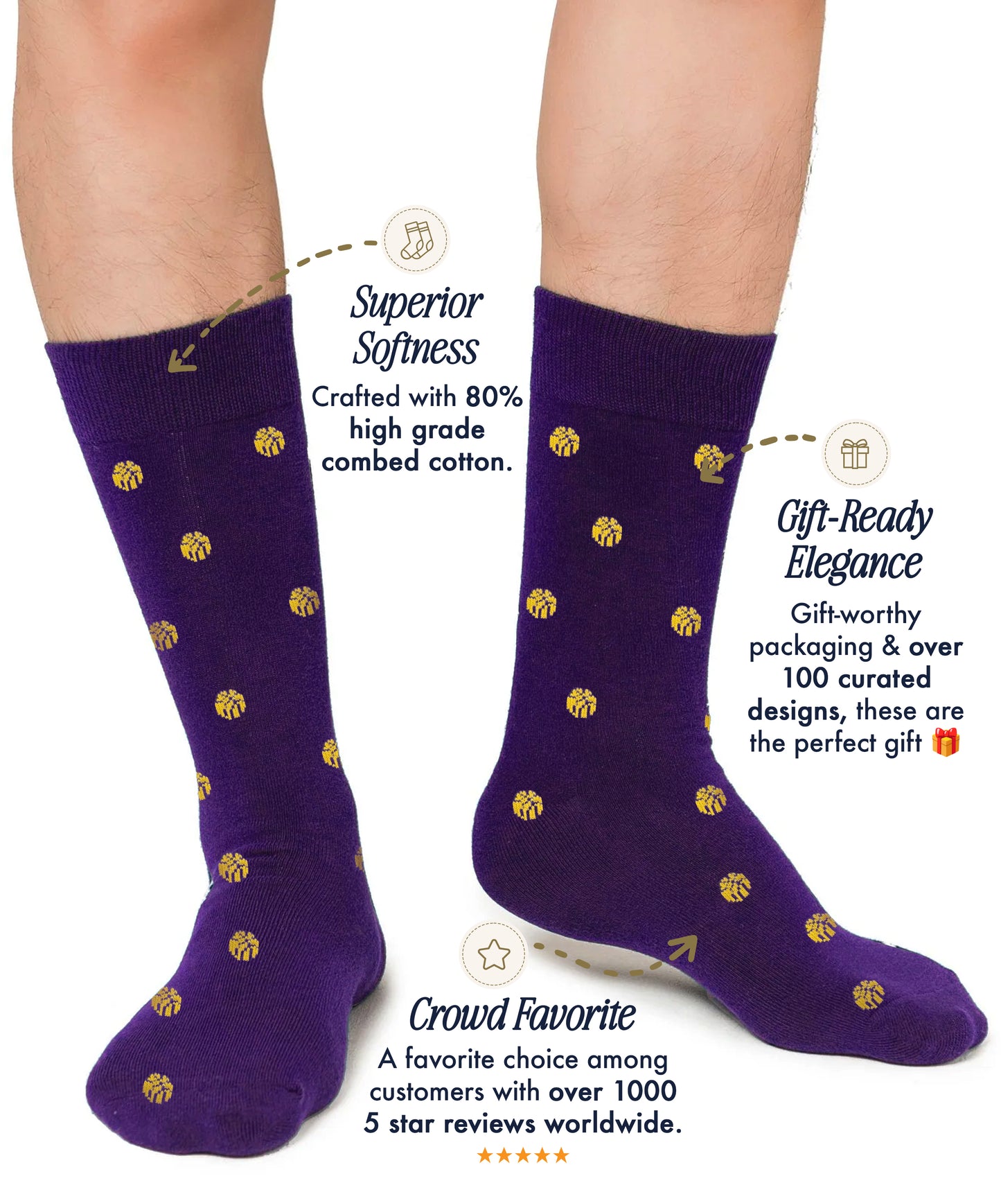 A person wears breathable Yellow Basketball Socks with a purple pattern inspired by NBA colors; text highlights their softness, gift-ready packaging, and high popularity in customer reviews.