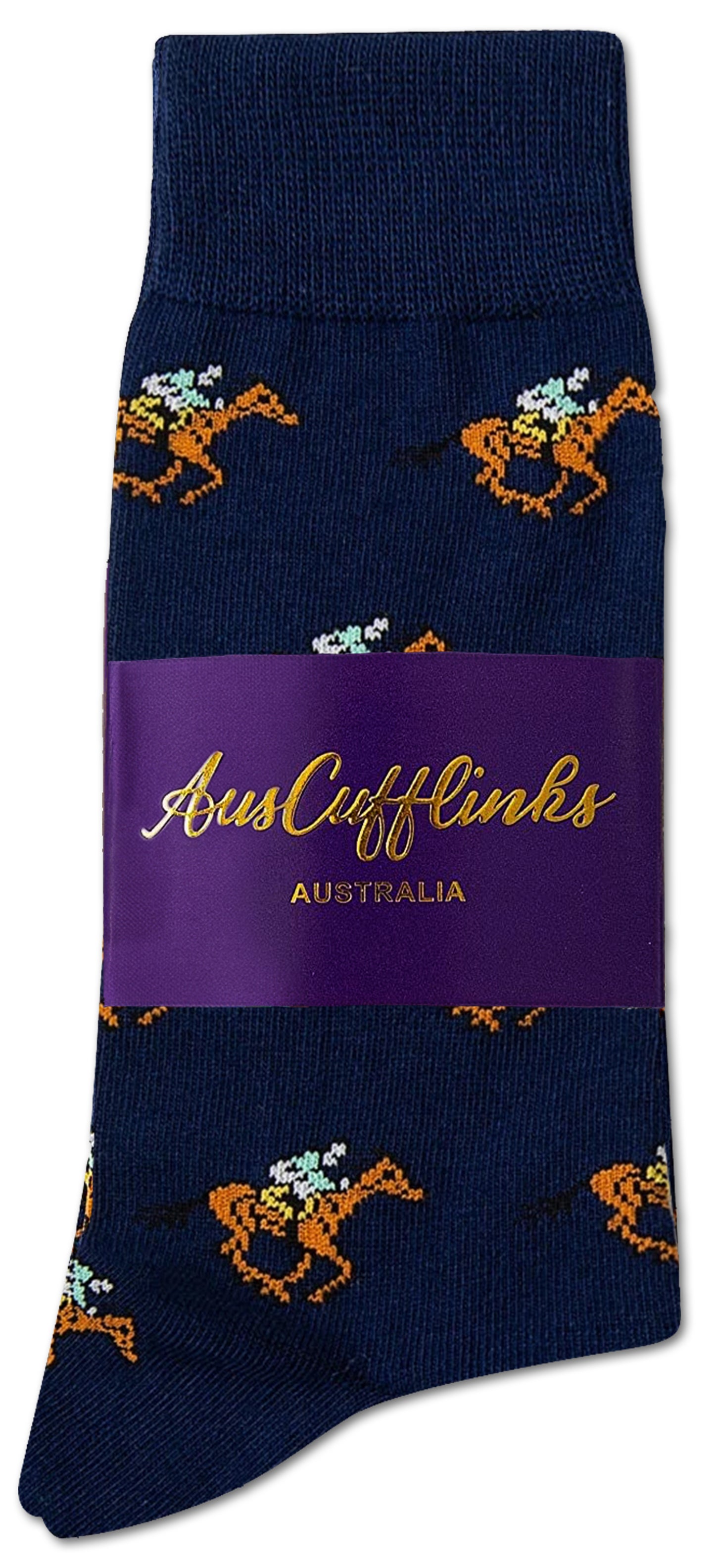 Navy blue Horse Racing Socks with a horse and jockey pattern, presented with a purple AusCufflinks Australia label.