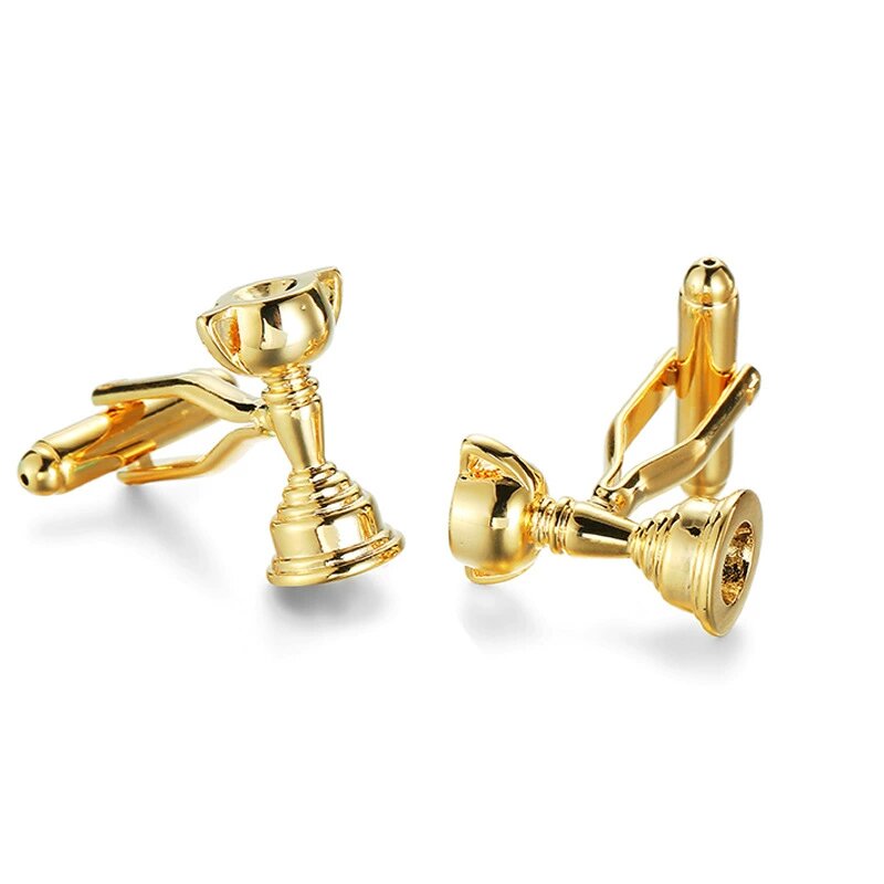 Melbourne Cup Horse Racing Trophy Cufflinks—elegant gold-colored cufflinks shaped like trophies, inspired by horse racing, shown on a white background.