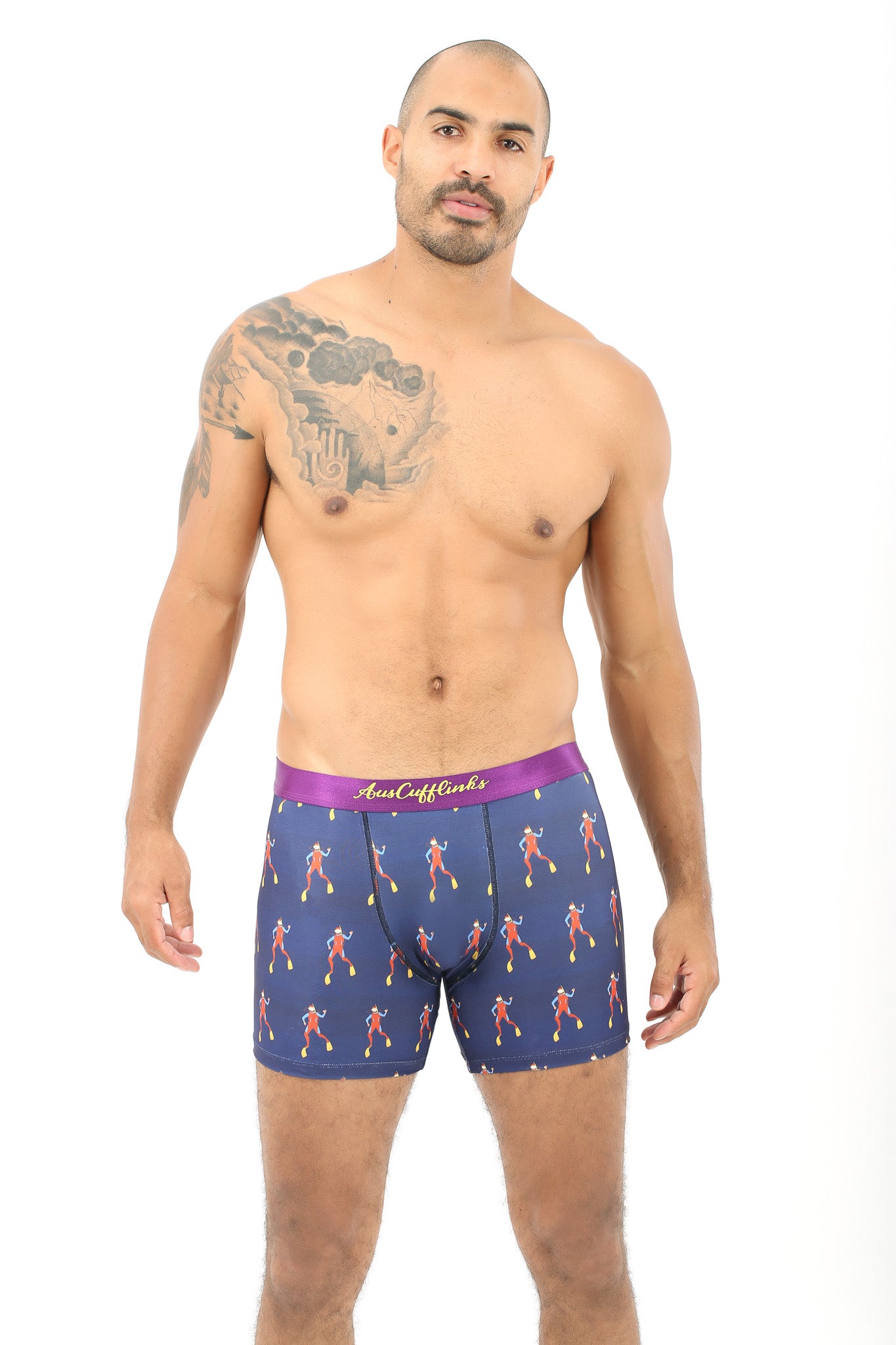 The man found deep comfort in wearing his Scuba Diver Underwear, as the shimmering purple added an abyss-like touch to his undergarment choice.