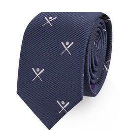 An elegant navy necktie with Crossed Baseball Skinny Tie on it.