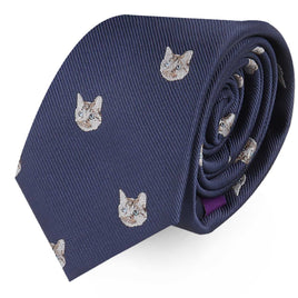 A Cat Skinny Tie with a feline print on it.