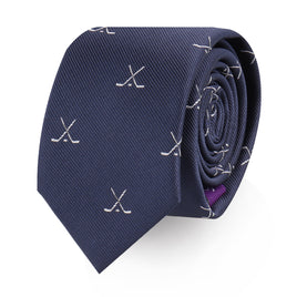 A stylish navy Crossed Ice Hockey Skinny Tie, adding a touch of score to your outfit.