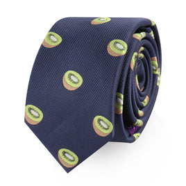 A vibrant Kiwi Skinny Tie adorned with nature-inspired motifs featuring kiwi fruit.