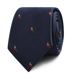 Navy blue tie with the Red Parrot Skinny Tie design, rolled up on a white background.