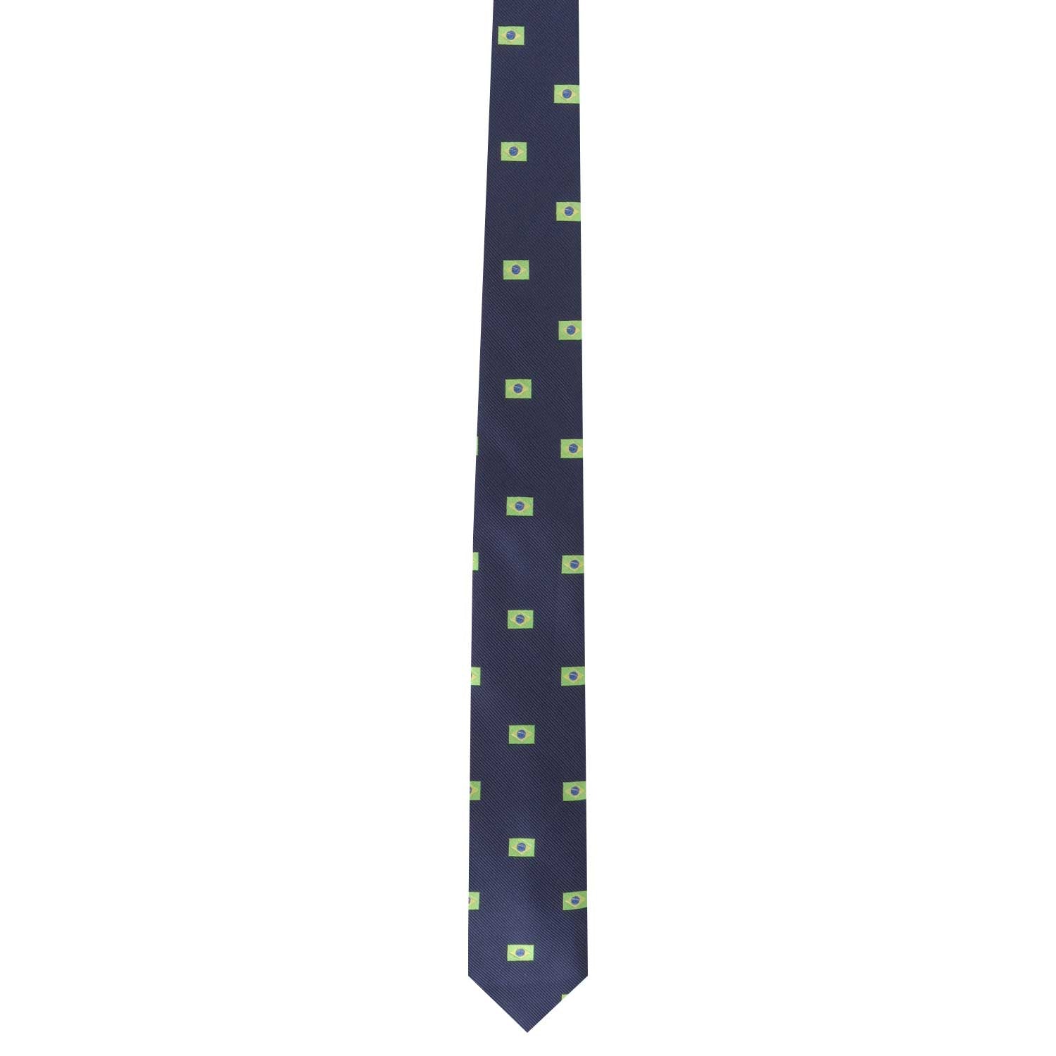 A Brazil Flag skinny tie with vibrant green squares on it.