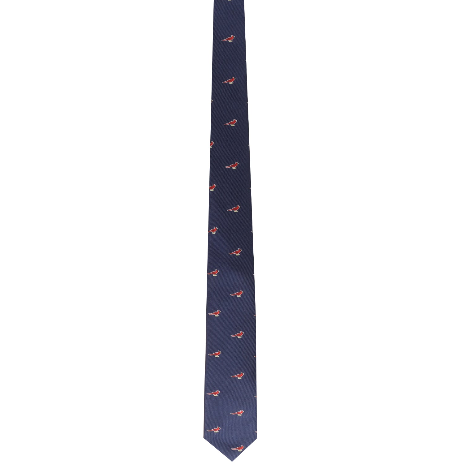 A blue tie with a Cardinal Bird Skinny Tie on it.
