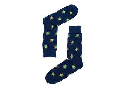 A pair of navy socks with a Green Turtle on them.