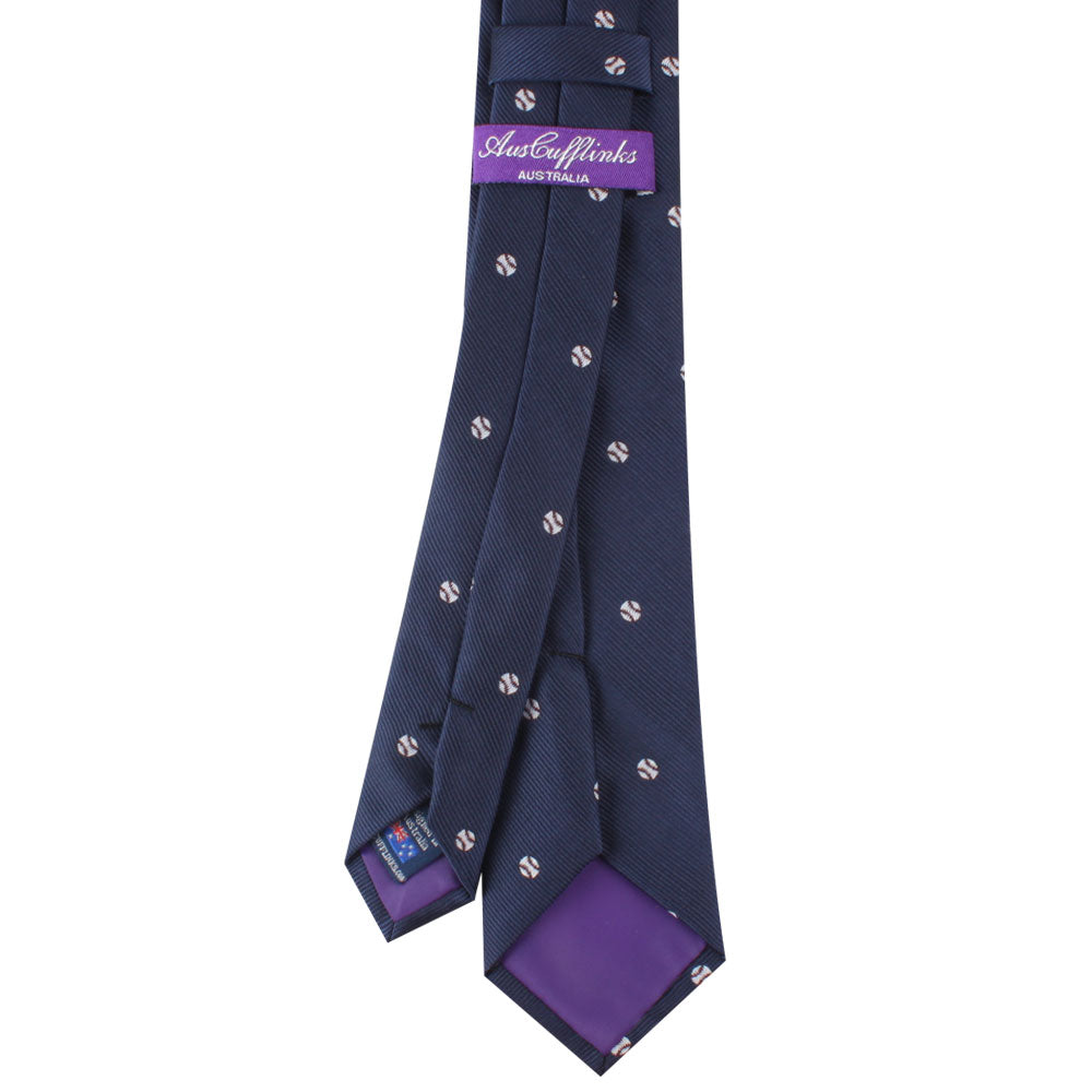 A Baseball Skinny Tie with purple and blue flowers and Baseball-themed motifs on it.