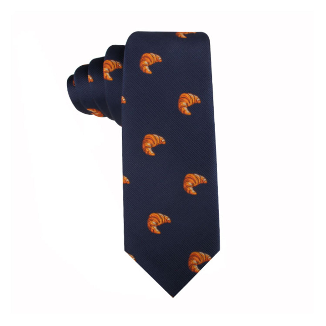 A Croissant Skinny Tie with an orange cat on it, adding a touch of style to your daily fix.