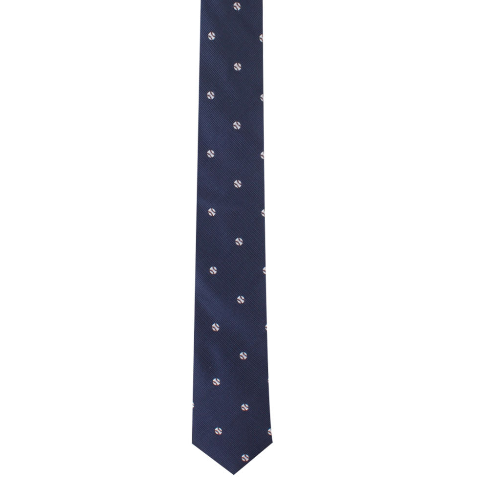 A Baseball Skinny Tie with white dots inspired by baseball-themed motifs.