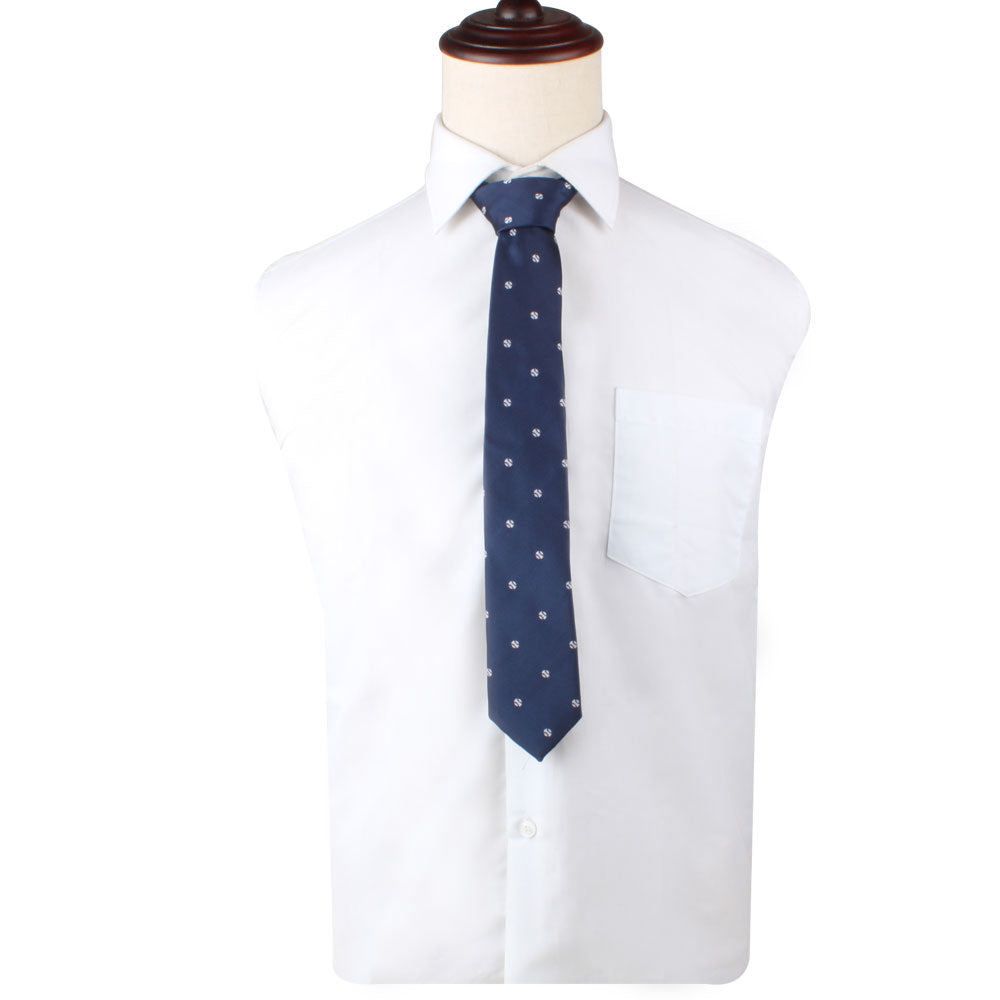 A mannequin wearing a white shirt and Baseball Skinny Tie with elegance.