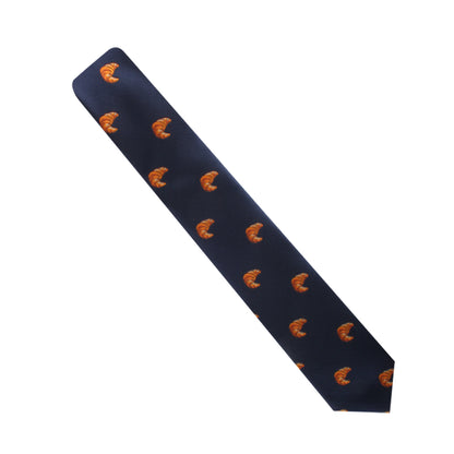 A Croissant Skinny Tie with stylish orange foxes on it.