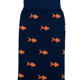 A navy blue sock with Gold Fish Socks.