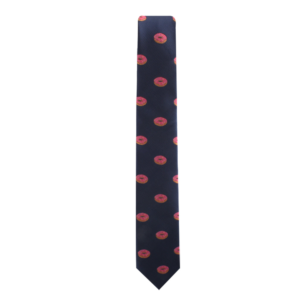 Donut Skinny Tie with a pattern of pink and orange circles, perfect for sparking engaging conversations.