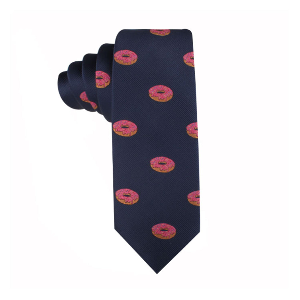 Navy blue Donut Skinny Tie with delectable pink donut pattern.