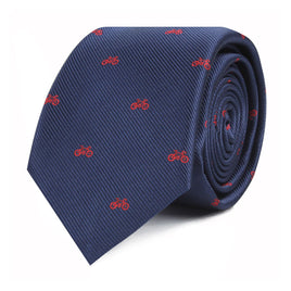 A Cyclist Skinny Tie with a cycling-themed pattern of red bicycles on it.