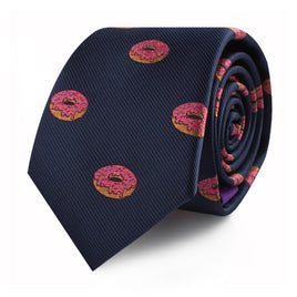 Navy blue Donut Skinny Tie with a delectable donut pattern on a white background.