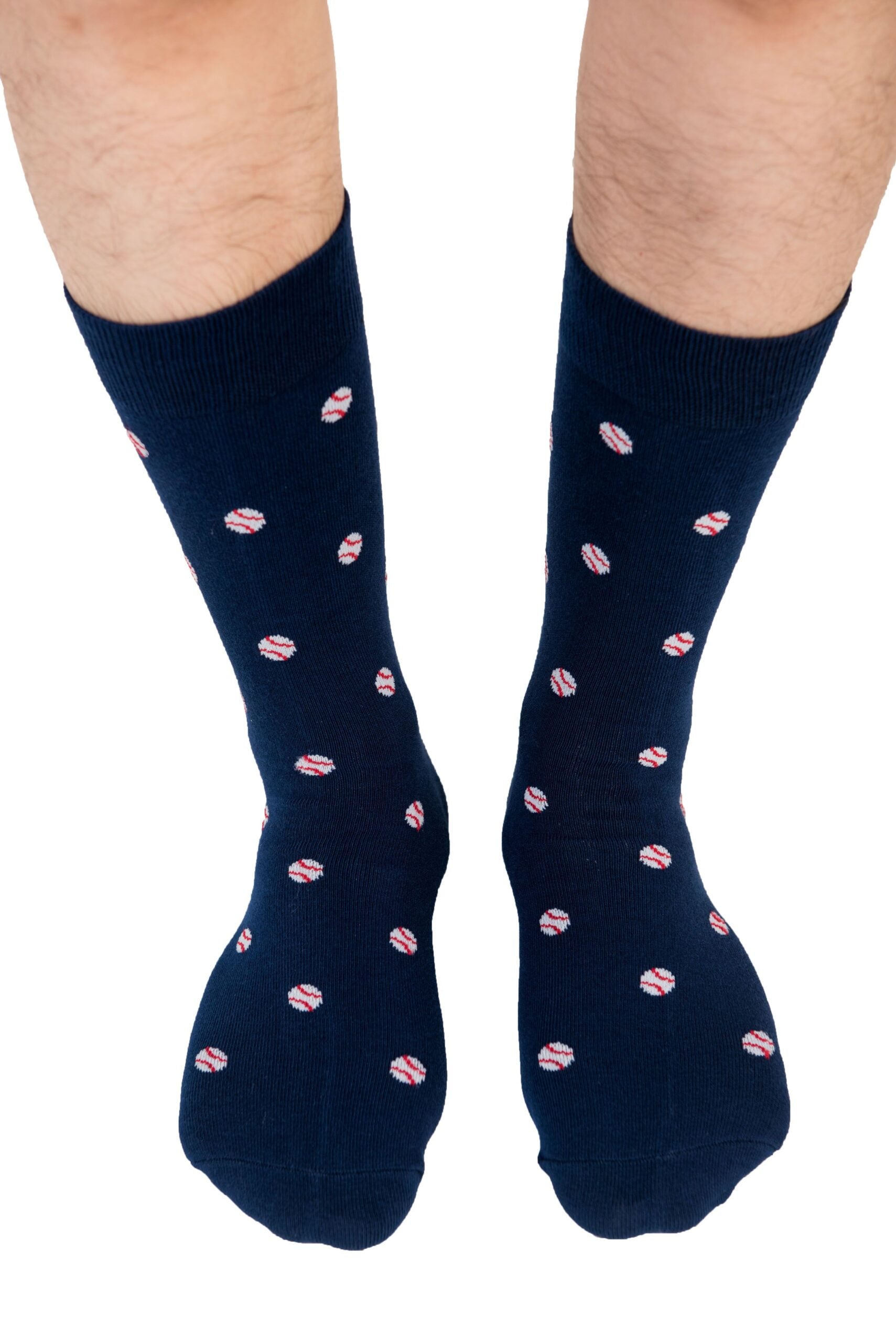 A pair of feet adorned with blue Baseball Socks featuring miniature baseballs.