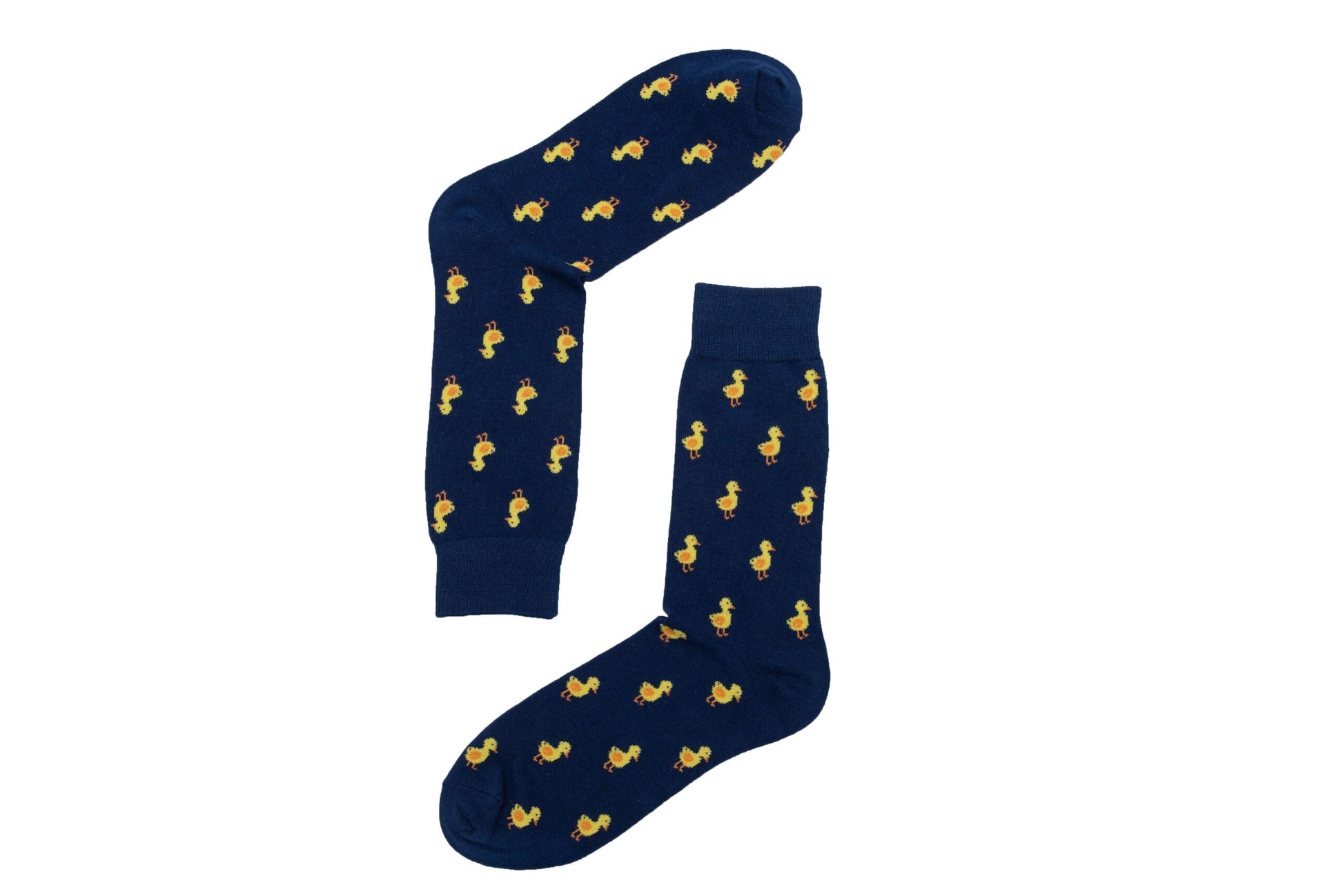 A pair of Duck Socks with yellow flamingos on them.