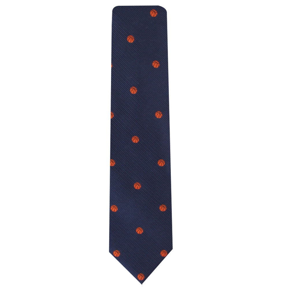 A blue Basketball Skinny Tie with orange polka dots and a basketball-inspired design.
