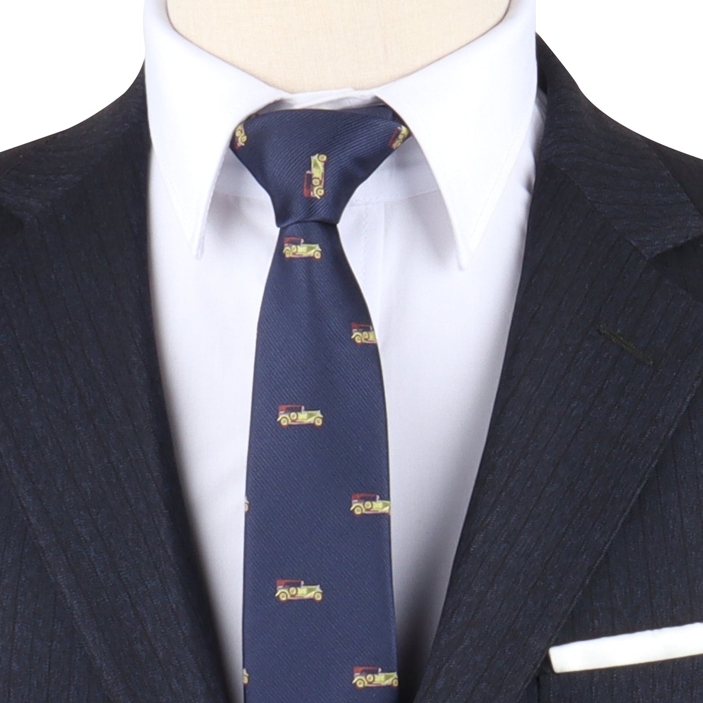 A vintage Classic Car Skinny Tie mannequin revved up in a suit and tie.