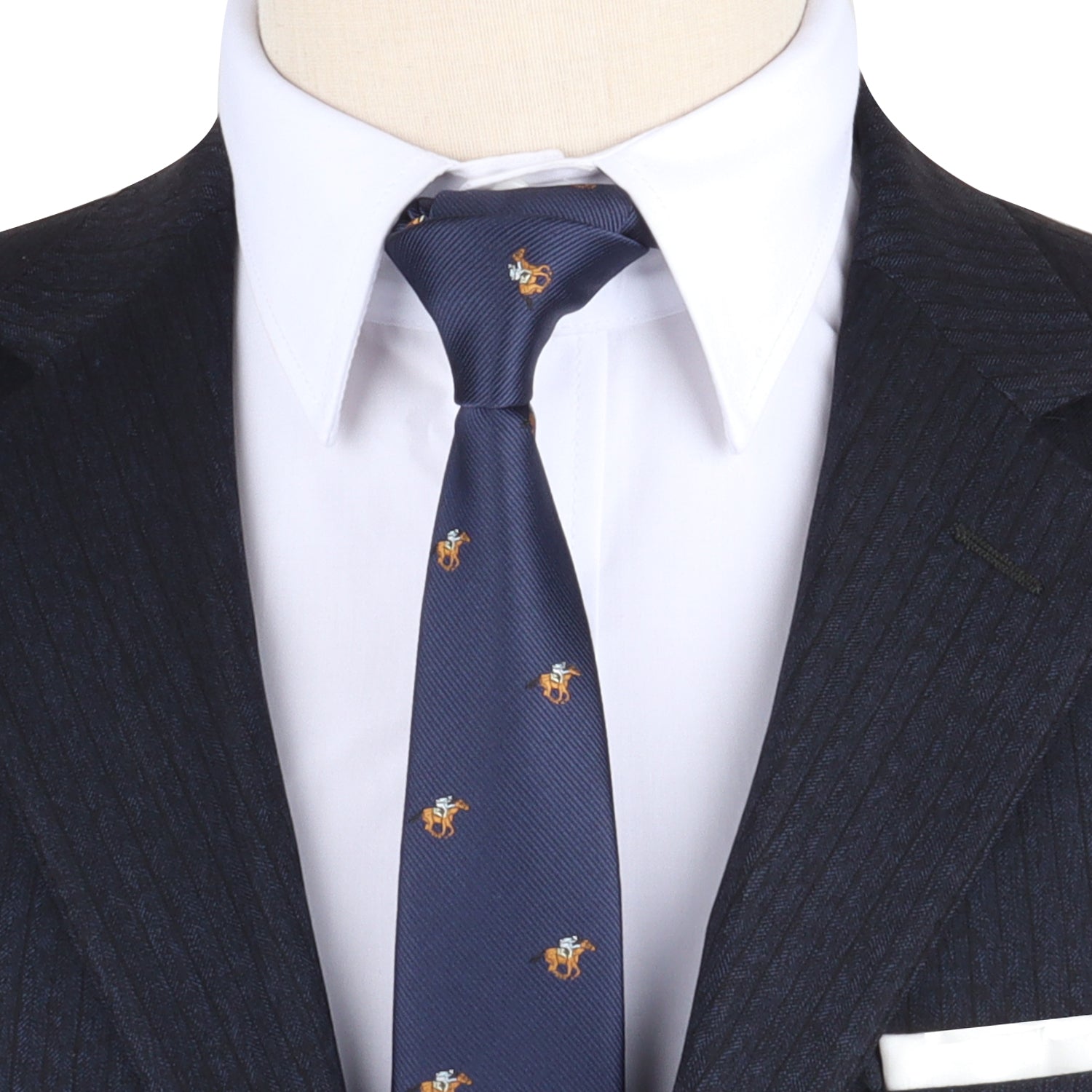 A mannequin showcasing dashing elegance with a Horse Racing Skinny Tie featuring a horse galloping on it.